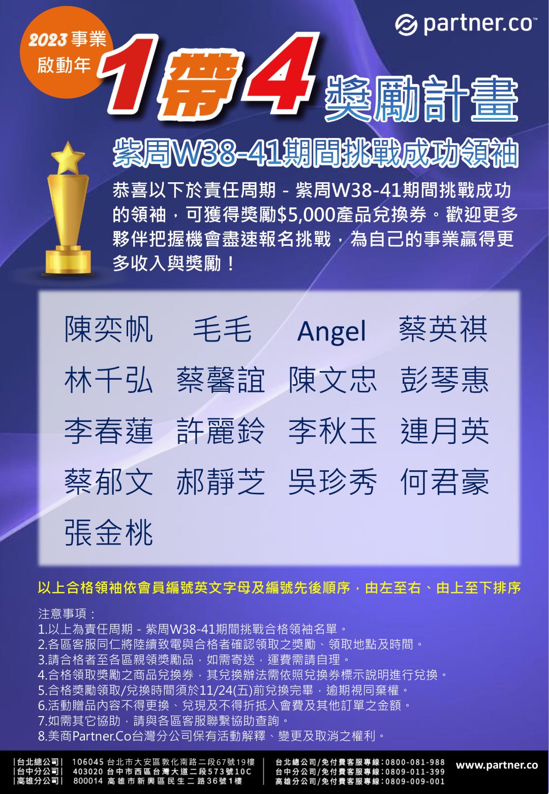 Journal | Partner.Co: 恭賀!2023事業啟動年 - 1帶4獎勵計畫紫周W38-41期間挑戰合格領袖出爐囉!