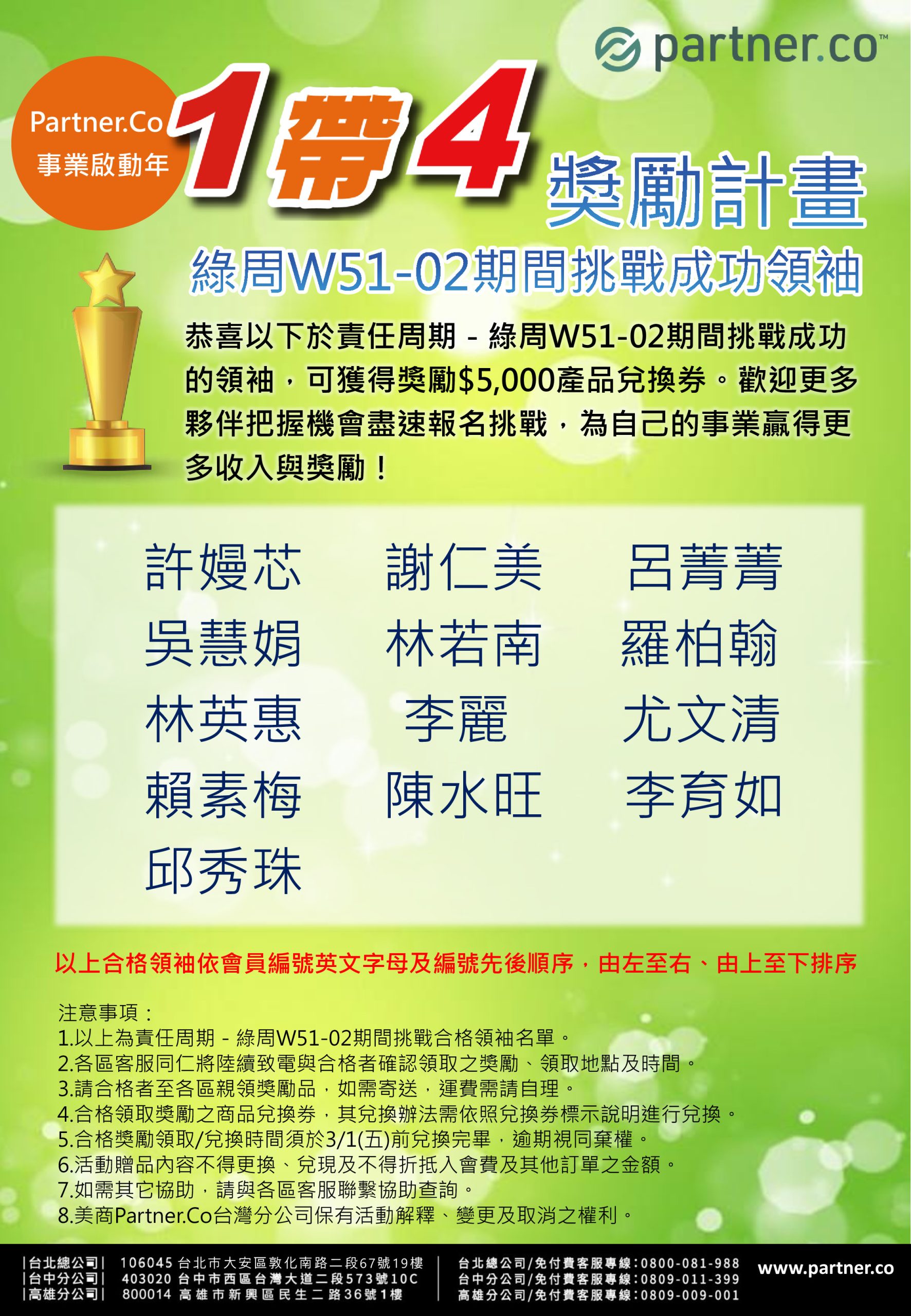 Journal | Partner.Co: 恭賀！Partner.Co事業啟動年- 1帶4獎勵計畫綠周Ｗ51-02期間挑戰合格領袖出爐囉！